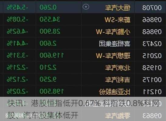 快讯：港股恒指低开0.67% 科指跌0.8%科网股、汽车股集体低开-第2张图片-