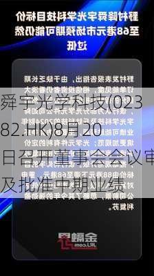 舜宇光学科技(02382.HK)8月20日召开董事会会议审阅及批准中期业绩-第1张图片-