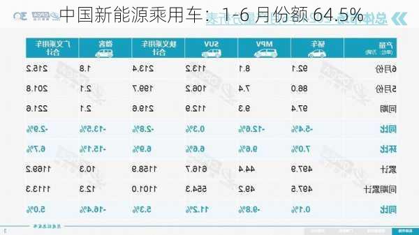 中国新能源乘用车：1-6 月份额 64.5%-第1张图片-