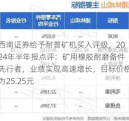 西南证券给予耐普矿机买入评级，2024年半年报点评：矿用橡胶耐磨备件先行者，业绩实现高速增长，目标价格为25.25元