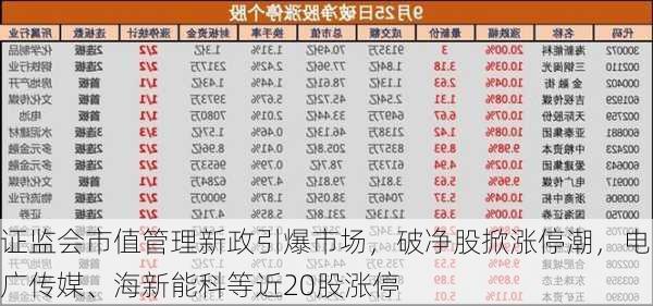 证监会市值管理新政引爆市场，破净股掀涨停潮，电广传媒、海新能科等近20股涨停-第3张图片-